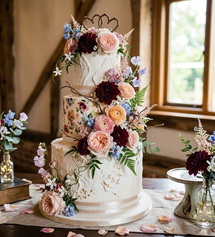 Pastel de bodas premium decorado con flores finas para novios